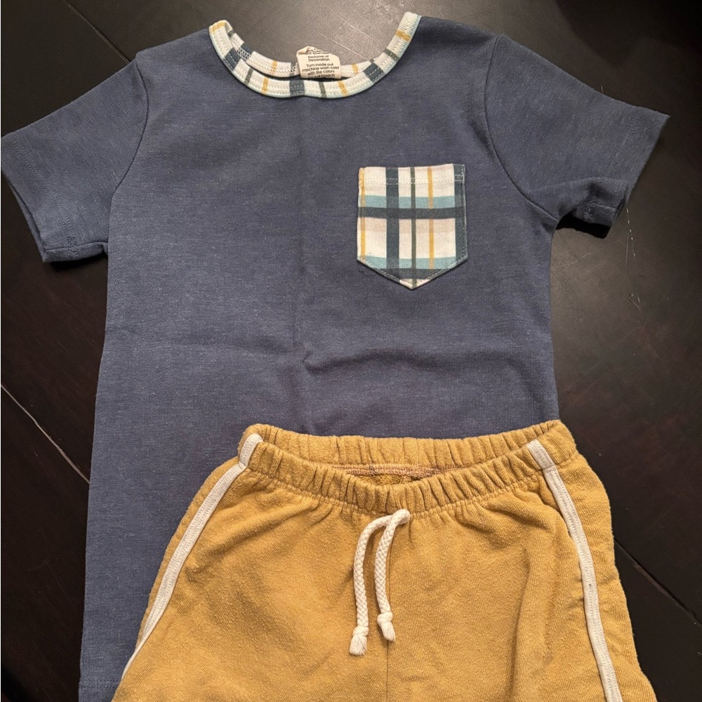 3t Lulu and Roo Plaid Pocket Shirt and Yellow Retro Shorts Set